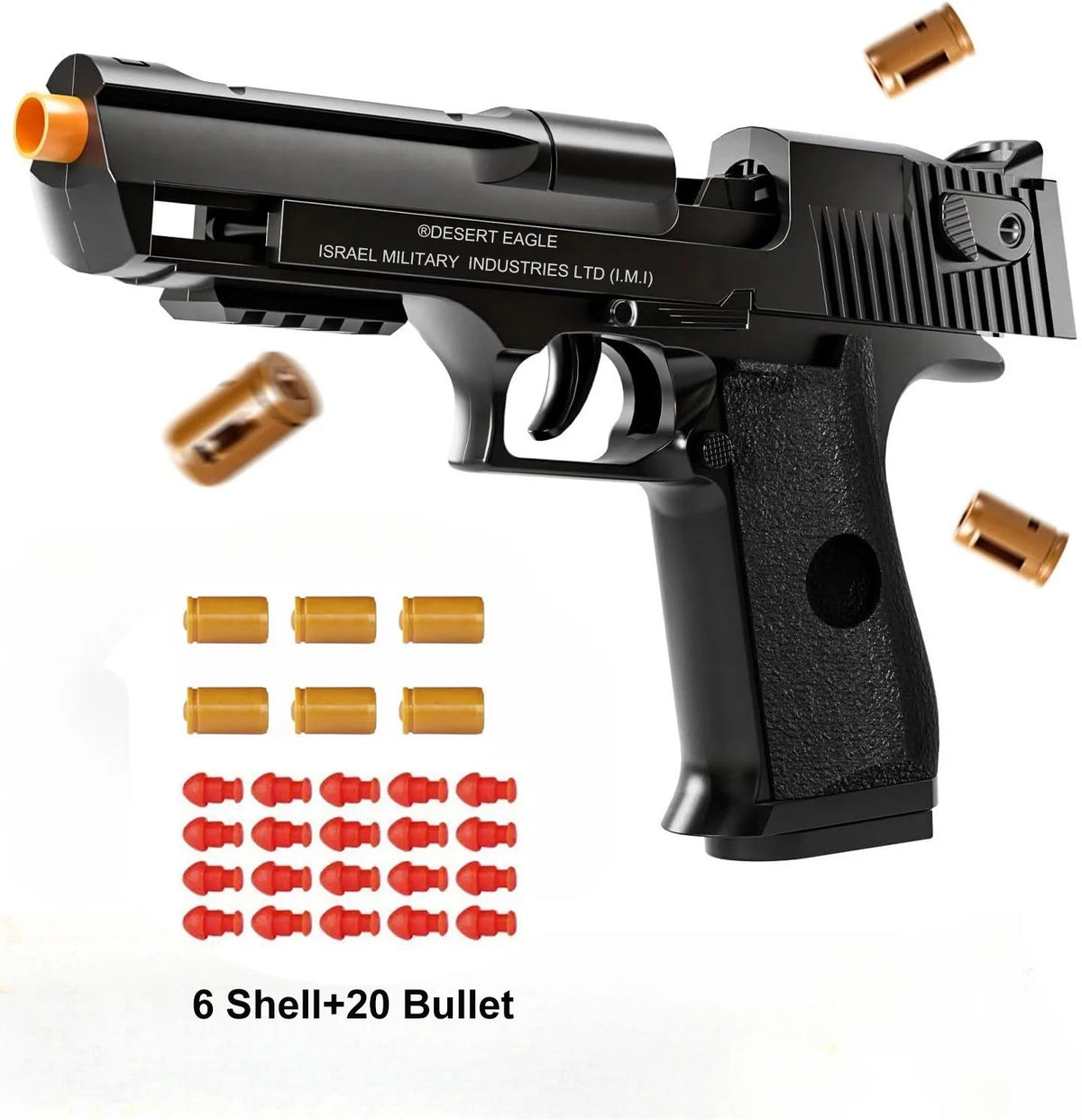 Black toy soft-bullet blaster set with cartridges and soft foam bullets