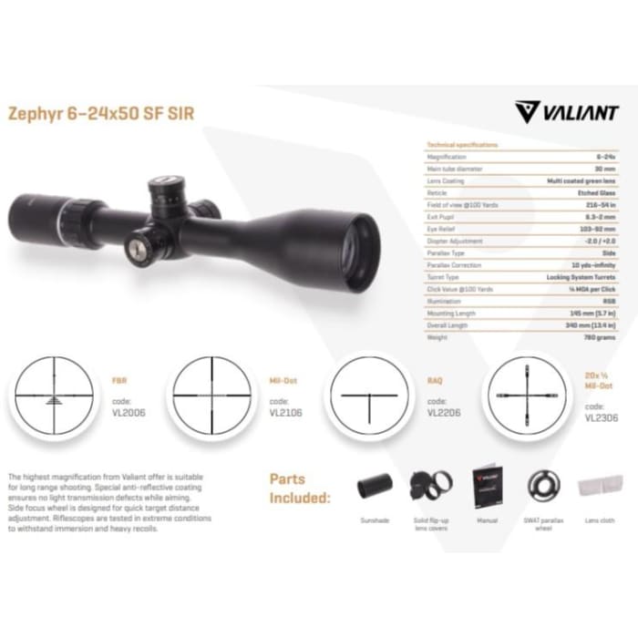 VALIANT ZEPHYR VL2106 6-24X50 SF SIR MIL DOT SCOPE - NeonSales {{ shop.shopifyCountryName }}