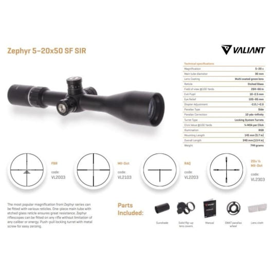VALIANT ZEPHYR VL2303 5-20X50 SF SIR 1-2 MIL DOT - NeonSales {{ shop.shopifyCountryName }}