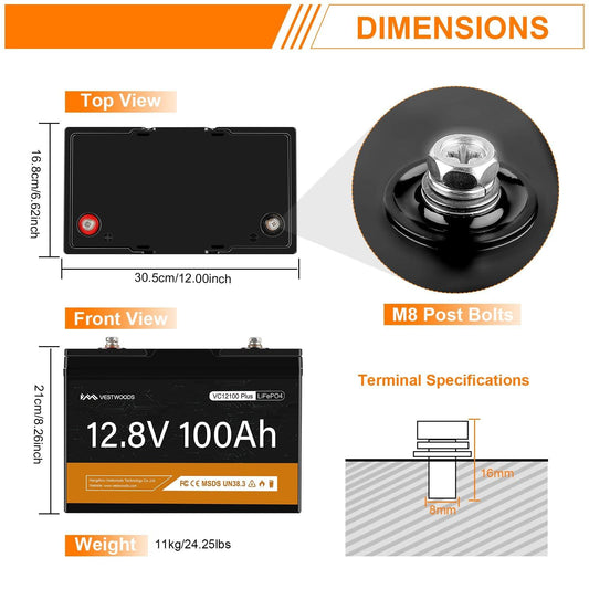 VESTWOODS 12.8V 100AH LIFEPO4 BATTERY WITH BMS - NeonSales {{ shop.shopifyCountryName }}