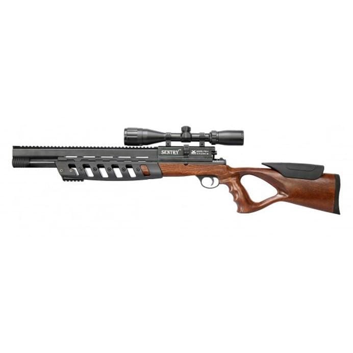 Xisico Sentry PCP air rifle with wooden stock and mounted scope, side view