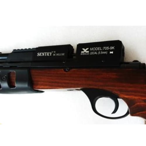 Xisico Sentry PCP air rifle with wooden stock and visible trigger, close-up view