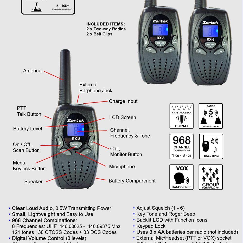 Zartek RX-8 two-way radio controls, features and twin pack