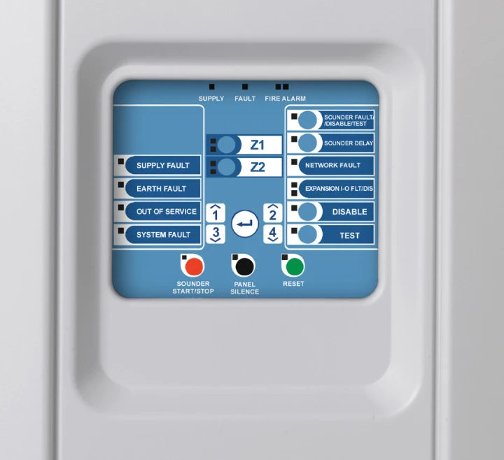 Ziton ZP1-F2 two-zone conventional fire panel front control detail