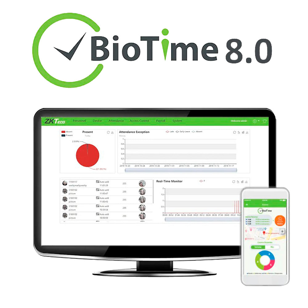 ZKTeco BioTime 8 attendance platform and mobile app interface
