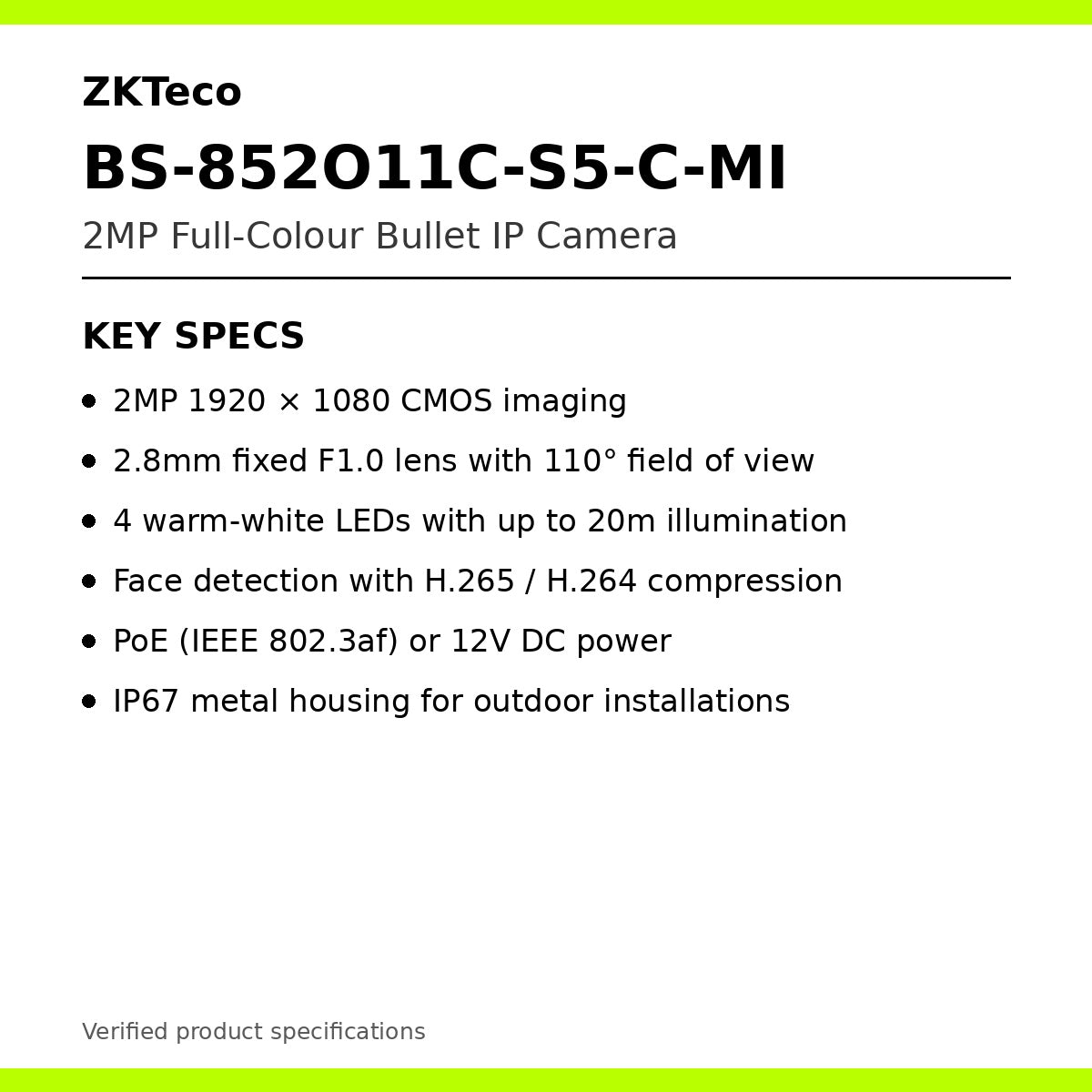 ZKTeco BS-852O11C-S5-C-MI key specifications