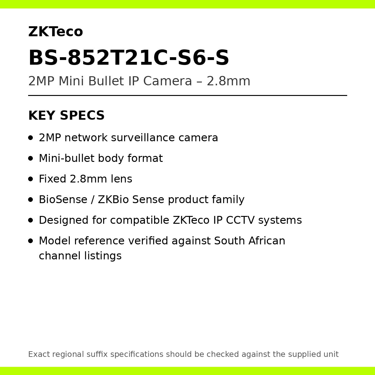 ZKTeco BS-852T21C-S6-S 2MP 2.8mm mini bullet IP camera specifications