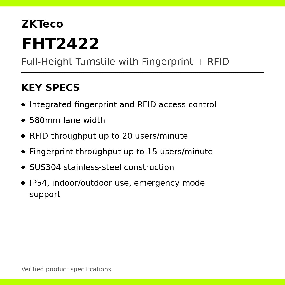 ZKTeco FHT2422 fingerprint and RFID full-height turnstile specifications