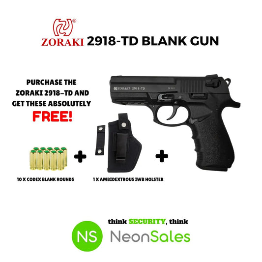 ZORAKI 2918 TD BLANK GUN + 10 BLANKS + HOLSTER - NeonSales {{ shop.shopifyCountryName }}