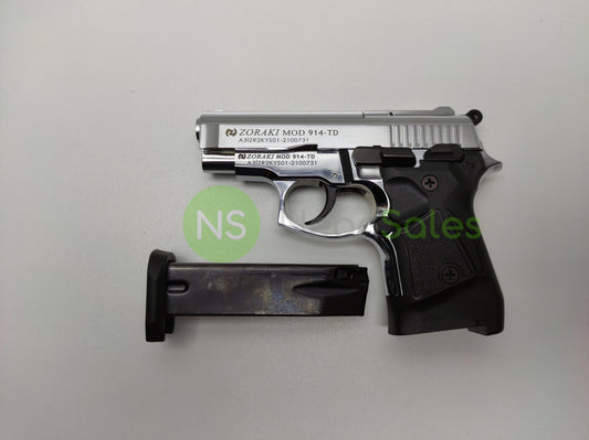 ZORAKI MOD 914-TD BLANK GUN- S/CHROME V+ 10 BLANKS - NeonSales {{ shop.shopifyCountryName }}
