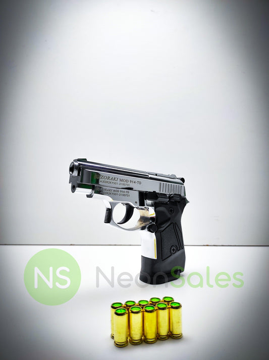 ZORAKI MOD 914-TD BLANK GUN- S/CHROME V+ 10 BLANKS - NeonSales {{ shop.shopifyCountryName }}