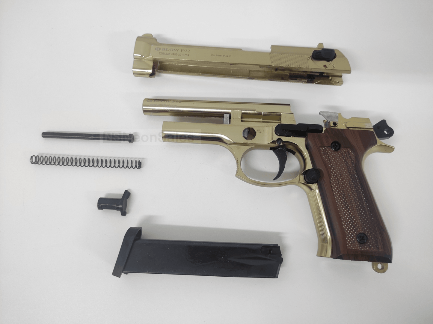 BLOW F92 BLANK PISTOL - GOLD W/ FAUX-WOOD GRIPS - NeonSales {{ shop.shopifyCountryName }}