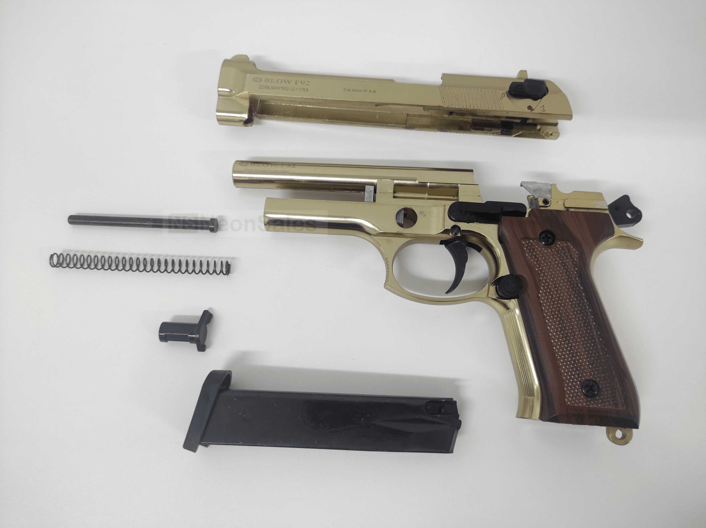 BLOW F92 BLANK PISTOL - GOLD W/ FAUX-WOOD GRIPS - NeonSales {{ shop.shopifyCountryName }}