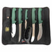 Buffalo River Slagbok hunting knife set open in its carry roll with five knives and the sharpener