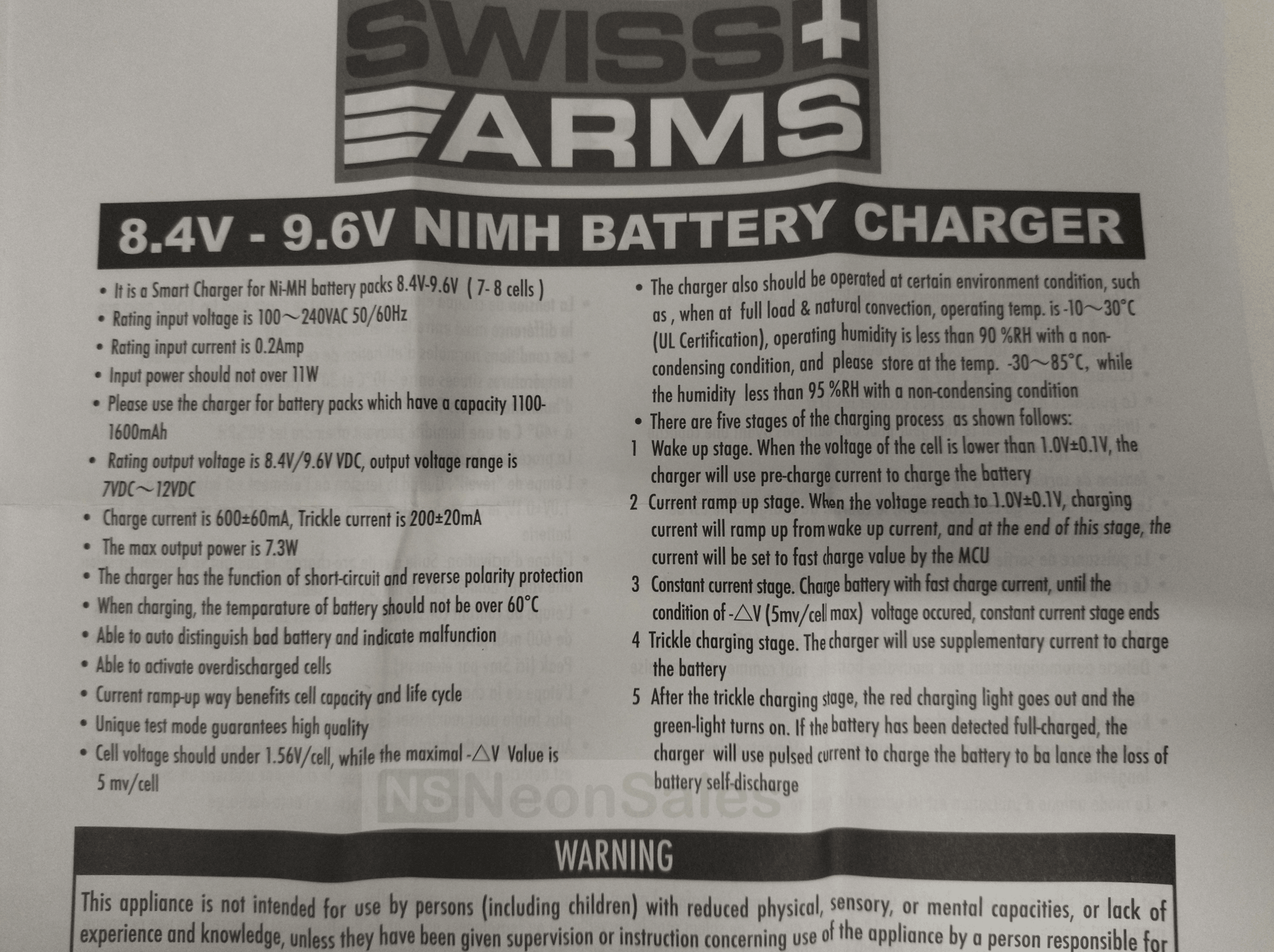SWISS ARMS BATTERY CHARGER 8.4V-9.6V NiMH - NeonSales