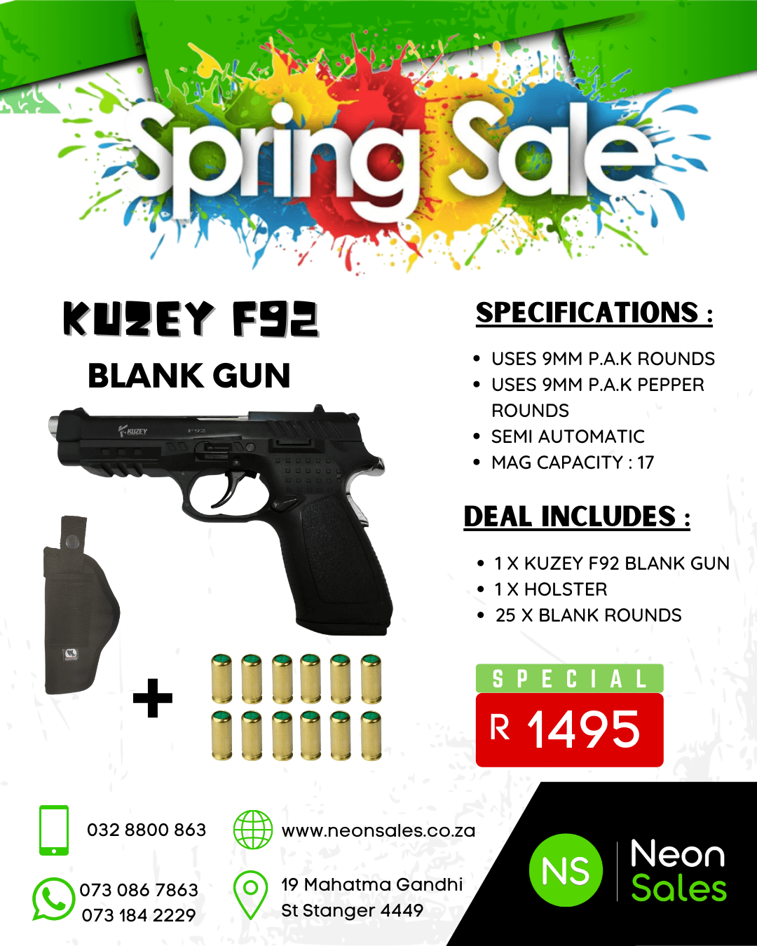 KUZEY F92 BLANK GUN + 25 BLANKS + HOLSTER