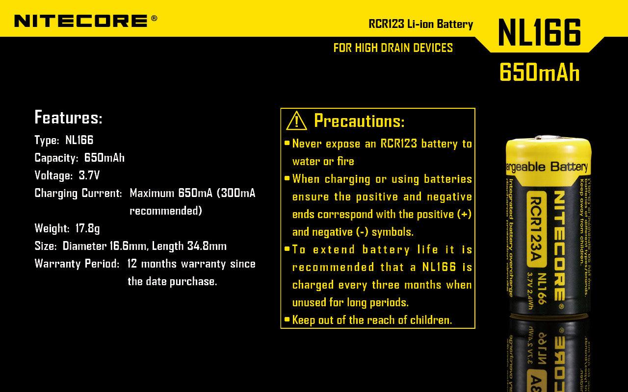 NITECORE RCR123 RECHARGEABLE 3.7V BATTERY 650MAH - NeonSales South Africa