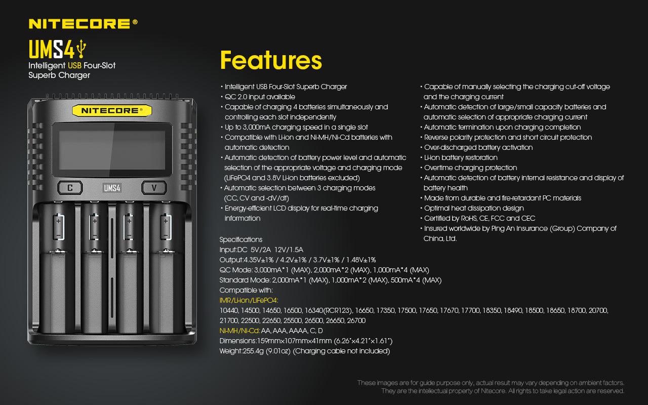NITECORE UMS4 BATTERY CHARGER - 4 SLOT, MINI-USB - NeonSales South Africa