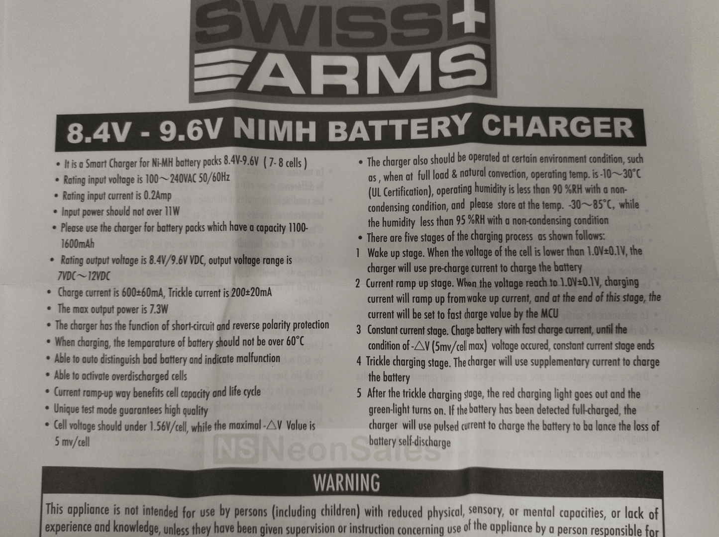SWISS ARMS BATTERY CHARGER 8.4V-9.6V NIMH - NeonSales {{ shop.shopifyCountryName }}