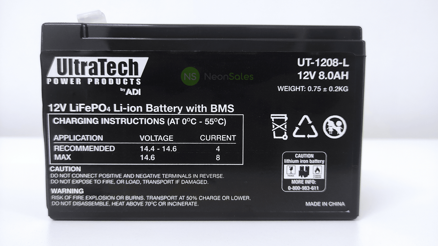 ULTRATECH 12V 8AH LITHIUM LIFEP04 BATTERY - NeonSales {{ shop.shopifyCountryName }}