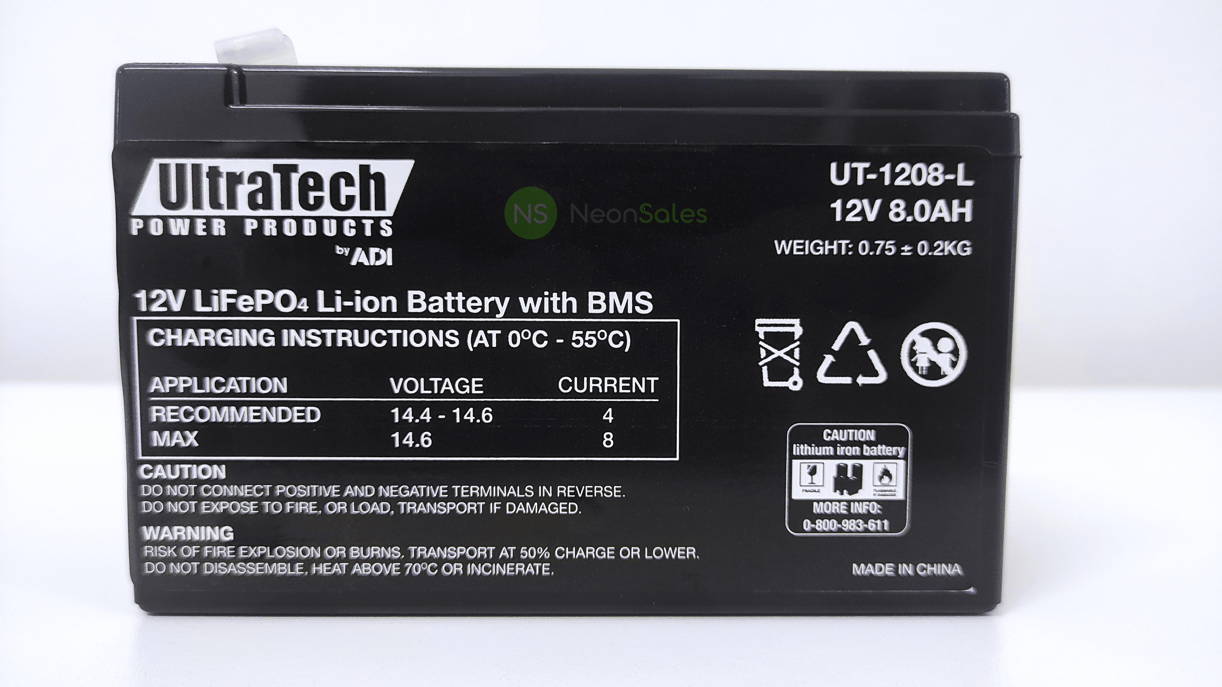 ULTRATECH 12V 8AH LITHIUM LIFEP04 BATTERY - NeonSales {{ shop.shopifyCountryName }}